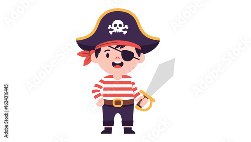 A cute little boy in a pirate costume with an eyepatch and sword, cheerful kid character vector