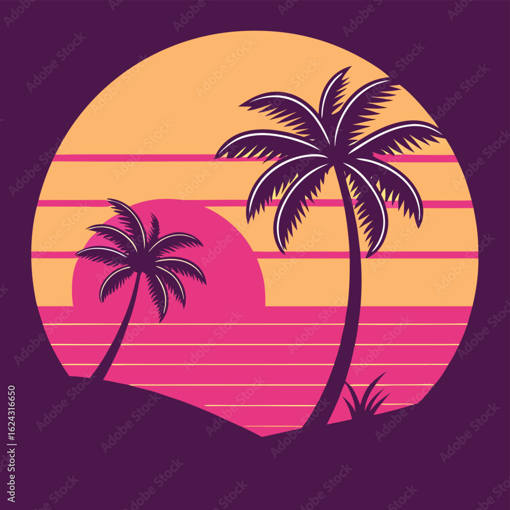 Naklejka premium Vector art of retro sunset with palm trees on a tropical beach in vintage style