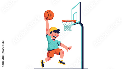 Cartoon character of a young boy jumping to slam dunk a basketball. Kid playing sports vector art.