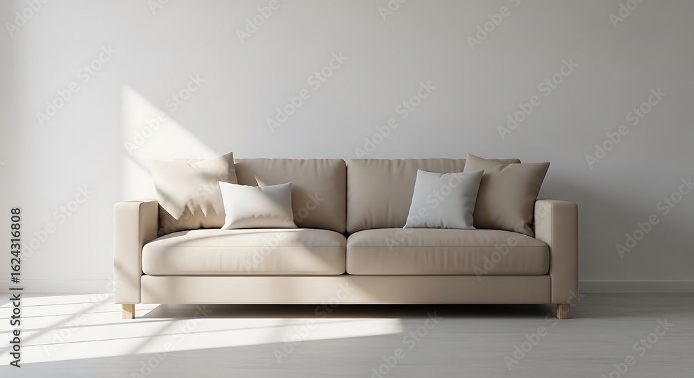 Naklejka premium Beige Sofa with Pillows in Minimalist Room