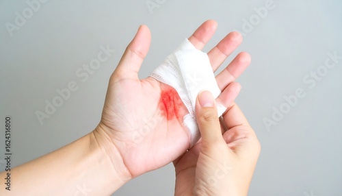 Close-up of a bleeding hand wound. First aid concept with a person treating a minor injury on their palm with a bloody tissue.