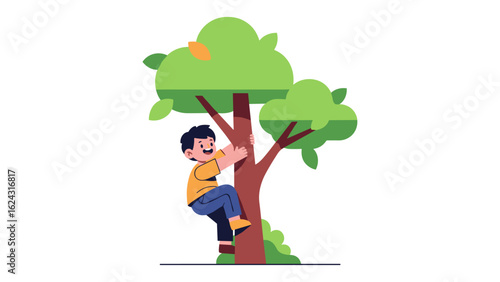 Playful young boy cheerfully climbing a tall tree. Vector art of childhood outdoor adventure.