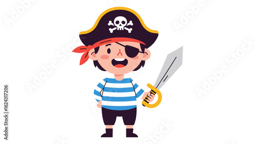 Cute pirate boy character in costume with sword and eyepatch. Vector illustration.