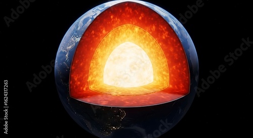 Cross-section of Earth showing inner core, outer core, mantle and crust