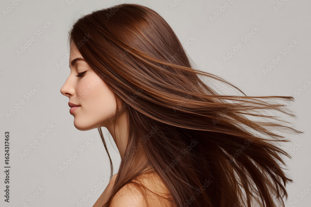 Naklejka premium Woman with Long, Flowing Hair: A portrait of beauty and healthy hair with a serene expression.
