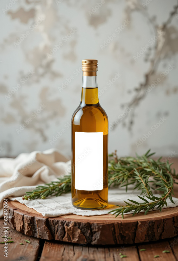 Naklejka premium Olive Oil Bottle Mockup with Herbs on Rustic Table — No Branding