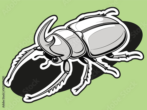 Silver robotic beetle on black with thick white border sticker design