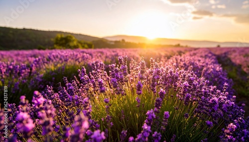 Lavender Sunset: A Serene Field of Purple Blossoms at Golden Hour