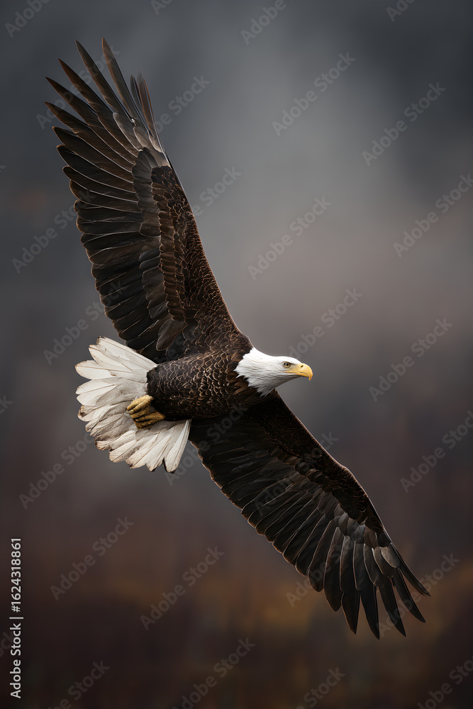 Fototapeta premium Majestic Bald Eagle Soaring High Above the Skies: A Symbol of Freedom and Strength in Its Natural Habitat