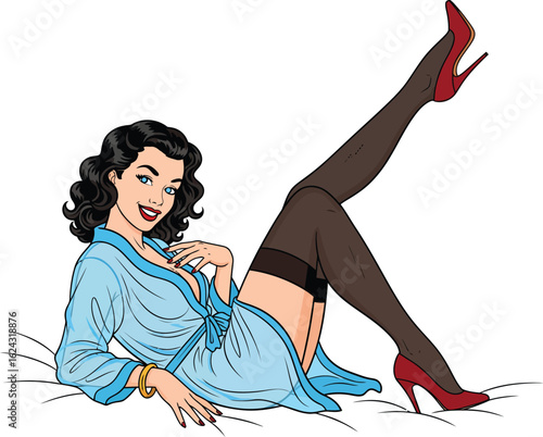 Playful Pin-up Girl in Robe and Stockings - Retro Pop Art Vector Illustration on a Bed