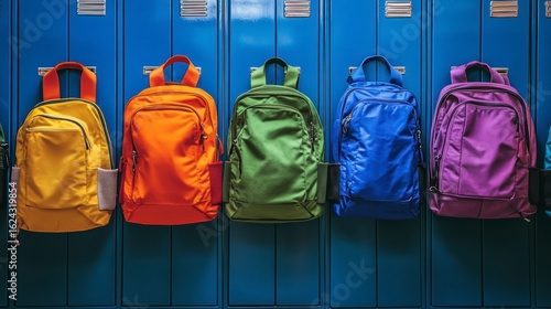 Colorful backpacks hanging on blue lockers.
