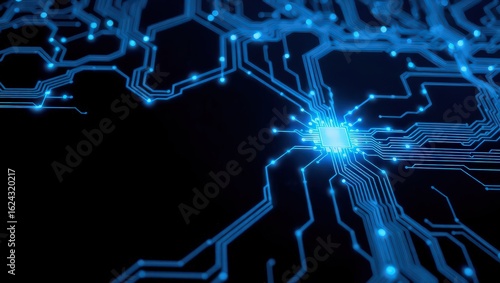 A close up view of a blue glowing circuit board with a central processor on a black background