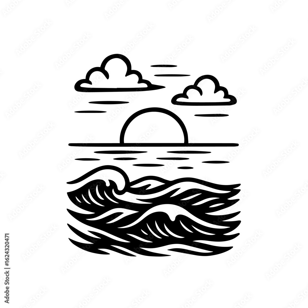 Fototapeta premium Black and White Vector Illustration of Ocean Waves and Sunset with Clouds