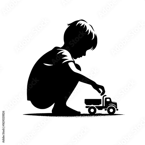 Black and White Vector Silhouette of Boy Playing with Toy Truck