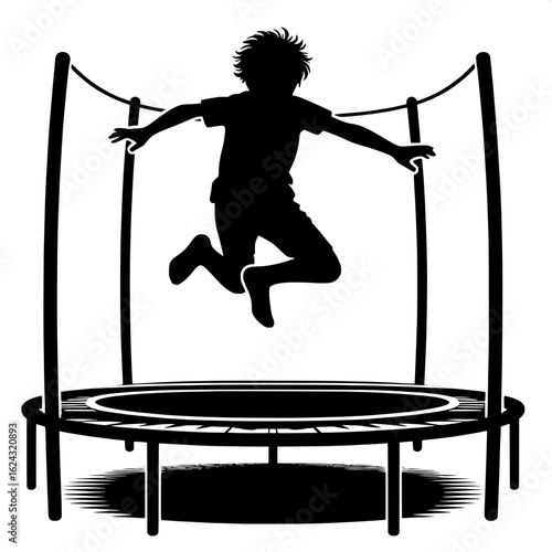 Black and White Vector Silhouette of Boy Bouncing on Trampoline