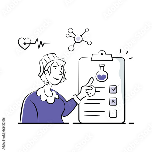 Female virologist reviewing virus samples and lab reports.