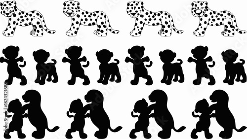Illustration of cartoon leopards with spots and leopard silhouettes in different positions and interactions