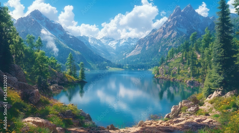 Fototapeta premium Serene mountain lake surrounded by lush greenery