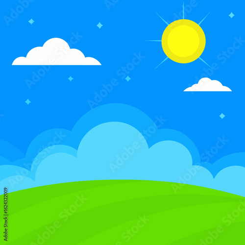 Bright sunny day with rolling green hills and fluffy clouds