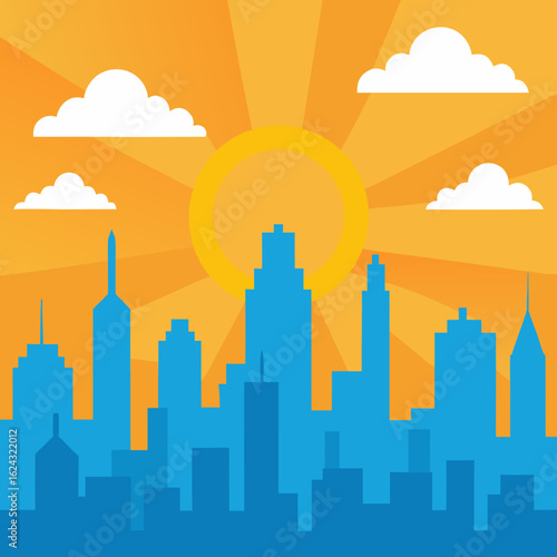 Bright sunny day over a blue city skyline