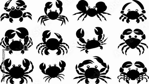 Collection of twelve black silhouette crab illustrations in various poses and claw configurations