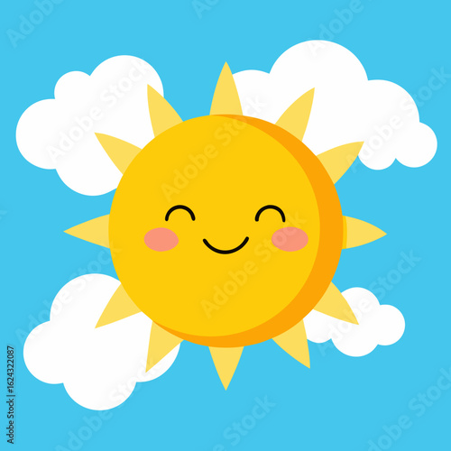Happy cartoon sun shining brightly in a blue sky with clouds