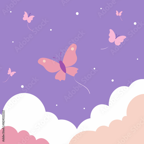 Pink butterflies fluttering in a purple sky with clouds