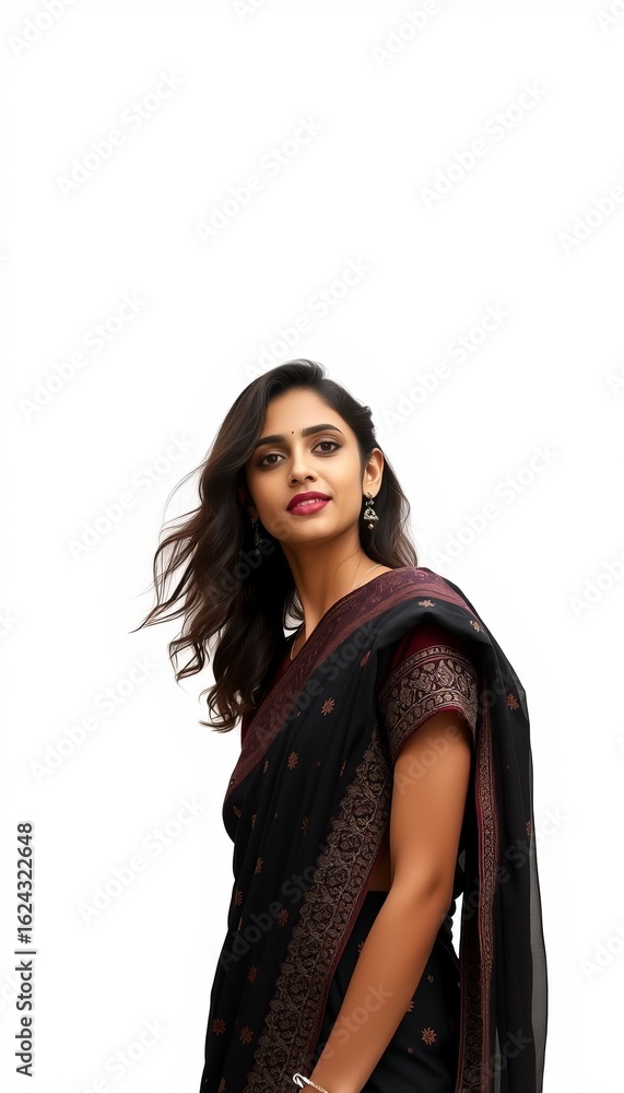 Fototapeta premium Black saree fashion: elegant indian woman in traditional dress