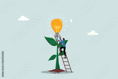Creativity in terms of ideas, solutions or persuasion to achieve success, increase progress, personal development concepts, businesspeople climbing ladders to reach light bulbs, on plants.