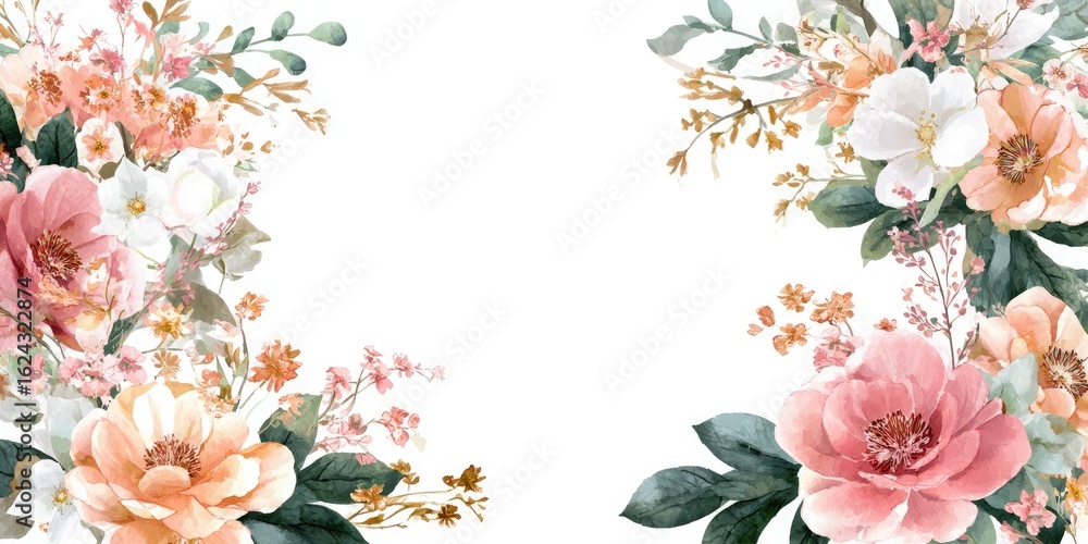 Fototapeta premium Watercolor Floral Frame with Pink Flowers and Green Leaves on White Background