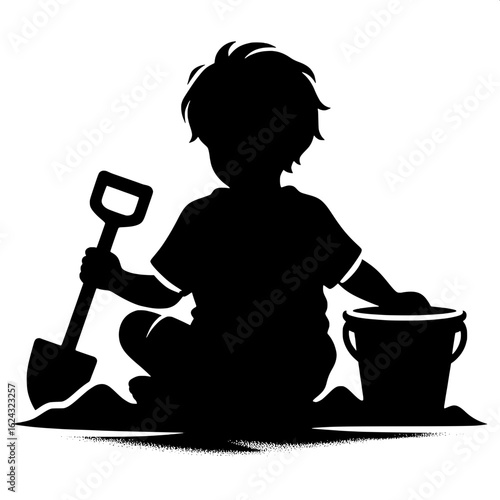 Black and White Vector Silhouette of Boy Playing in Sandbox