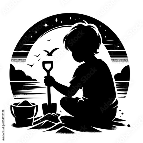 Black and White Vector Silhouette of Boy Playing in Sandbox