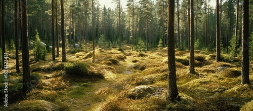 Sun-Drenched Path Through Tranquil Forest, Coniferous Trees and Mossy Undergrowth