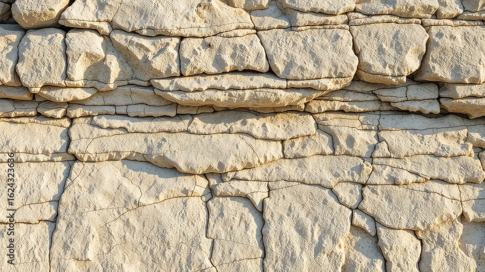 Fototapeta premium Stacked stone blocks creating a textured wall with varied shapes, sizes, and subtle tonal shifts