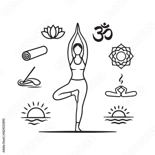 Serene yoga pose surrounded by spiritual symbols and nature elements for wellness