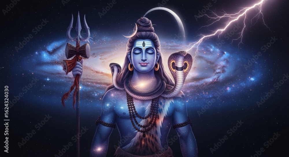 Naklejka premium A divine illustration of the powerful Shiva Lord in deep meditation, wielding his trident against a cosmic backdrop of a galaxy and lightning.