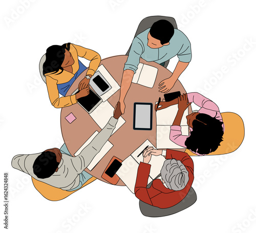 Business team members, sitting at the desk, working together top view. Businessman and businesswomen handshaking, discussing, brainstorming. Vector outline illustration isolated