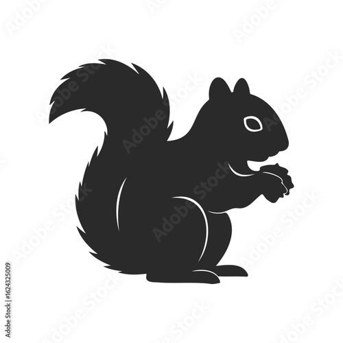 Silhouette of squirrel holding nut with bushy tail on white background