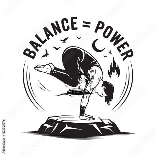 Dynamic yoga pose demonstrates strength and balance on a rocky surface