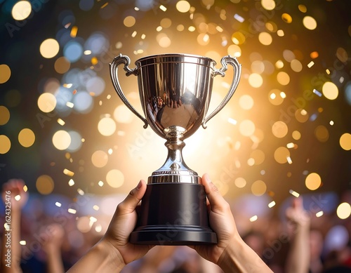 Celebrating success as a winner lifts a gleaming silver trophy with a background of golden bokeh lights and a jubilant crowd.