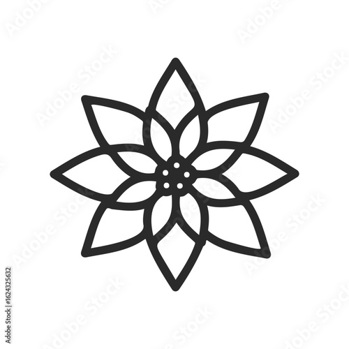 Black outline floral mandala design with eight petals and central dots