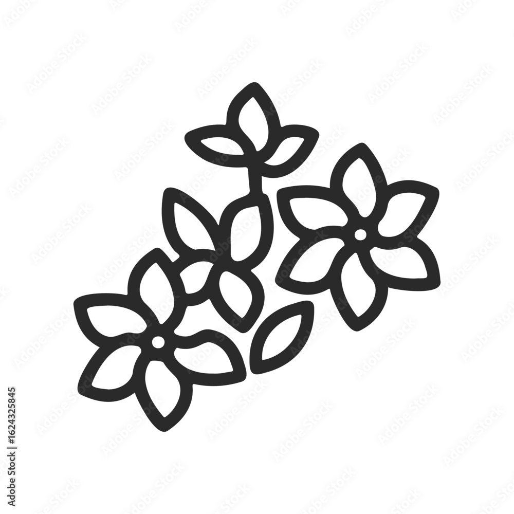 Fototapeta premium Simple floral outline design with three blossoms and leaves