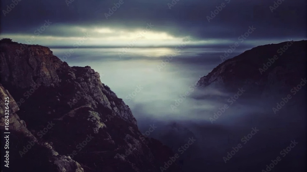 Fototapeta premium Misty, dramatic rocks by the sea.