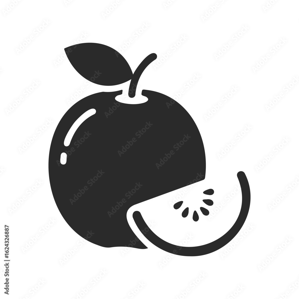 Obraz premium Apple icon with leaf and sliced segment in black and white illustration