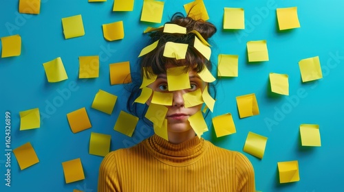 A person covered in yellow sticky notes with a blue background and wearing a yellow turtleneck shirt