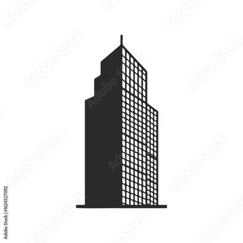 Silhouette of modern skyscraper with grid design against white background