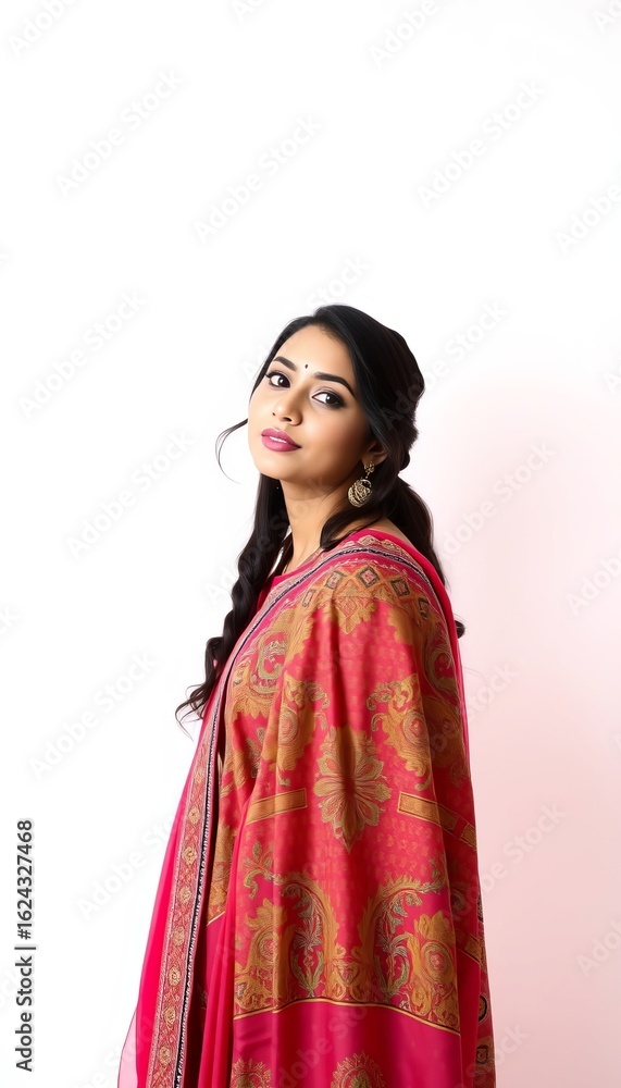 Naklejka premium Portrait of beautiful indian woman in traditional saree shawl and gold earrings on white background