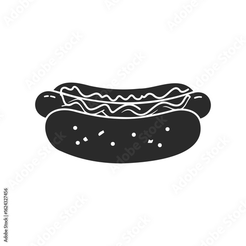 Monochrome illustration of a hot dog with sausage and condiments in bun