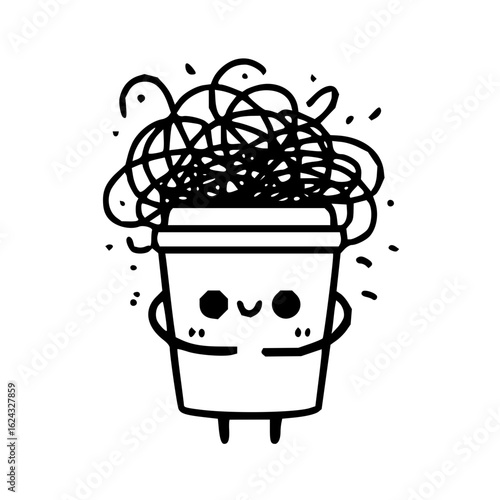 A cute cartoon container with a smiling face holding a jumbled mess of lines and scattered dots around it