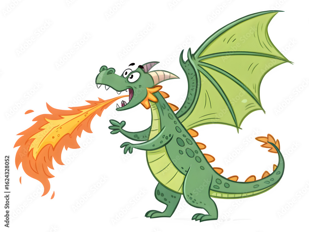 Green cartoon dragon breathing a large burst of fire Green cartoon dragon breathing a large burst of fire